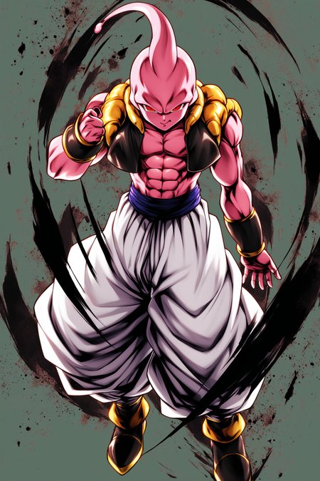 Majin Buu,1boy,male focus,solo,white pants,metamoran vest,full body,pink skin,colored skin,baggy pants,open vest,abs,vest,simple background,red eyes,white background,<lora:Dragon Ball_XL:0.8>,
