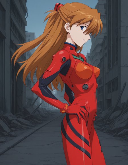 official style,Souryuu Asuka Langley,hands on own hips,(standing:1.32),((portrait)),,red bodysuit,	ruins Modern cityscape,abandoned Modern cityscape,(anime screencap), 2d cel anime,anime cap,anime,anime style,anime cel,cell shaded,soft brightness,perfect face,perfect nose, perfect hair, perfect eyes,perfect female body,perfect skin,a face of perfect proportion,perfect lighting,perfect anatomy,perfect proportion,perfect hands,perfect legs,perfect fingers,masterpiece,hair between eyes,breasts,perky breasts,best quality,very aesthetic,absurdres,16k,intricate detail,amazing quality,(bold:3.12),thick outline,black outline,harsh lines,soft lines,deluster,boldline,curvy,(anime coloring:1.2),light smile,,slim,looking at viewer,super fine illustration,detailed linework,vibrant colors,kawaii,flat color,(hat:-1), (from side:2.5),<lora:æ°ä¸ç´ã¨ã´ã¡ã³ã²ãªãªã³æ£æµã¢ã¹ã«ã©ã³ã°ã¬ã¼è²æ¬ç¾©è¡é¢¨Neon_Genesis_EvangelionSouryuu_Asuka_LangleySadamoto_Yoshiyuki_Style-000021:1:0.8>