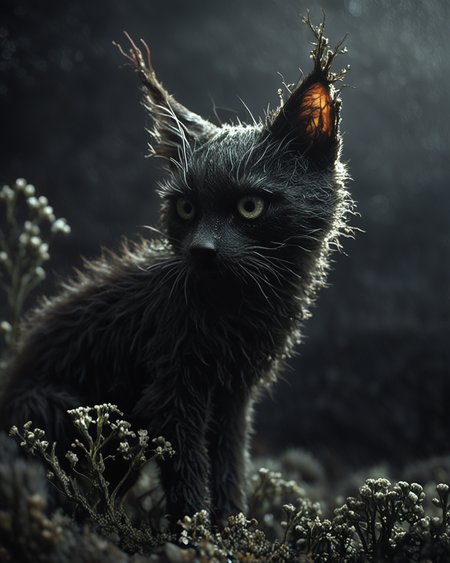 <greenmageddonPONY>, black cat at cemetery, dead flowers, gloomy background, detailed fur, backlight, detailed background, realistic artwork, no humans, score_9, close up,
