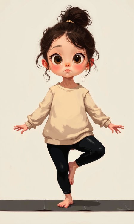 Full shot of a cartoon girl in a yoga pose. 
The girl is depicted in a style that exaggerates facial features and body proportions, giving her a chubby and endearing appearance.  She has a bun of dark brown hair. Her face shows large, round eyes, a broad forehead, and a small nose. Her expression appears somewhat serious, with slightly furrowed brows. 
She is wearing a light beige or cream-colored long-sleeved top and black leggings. 
She is balancing on one leg, with the other leg lifted and extended to the side in a yoga-like pose.  Her arms are extended in a relaxed, elegant way, helping her balance.  
 The background is a plain light gray, which makes the figure stand out.  A dark gray yoga mat is visible underneath her. The style is very cartoonish, with softly colored skin and a rounded, appealing figure.  A small, light-colored pearl earring is visible on her ear.
 <lora:FLUX-daubrez-DB4RZ-v2:1> DB4RZ, DB4RZ style painting