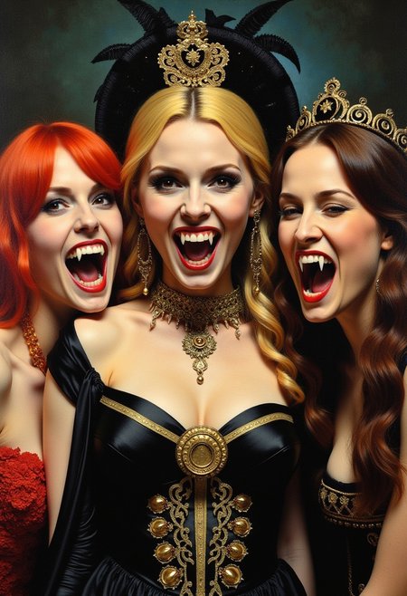 Frank Frazetta fantasy oil painting closeup of three different smiling vampire gypsy women, brides of dracula style, Vampire Fangs, one redhead, one blonde, one brunette