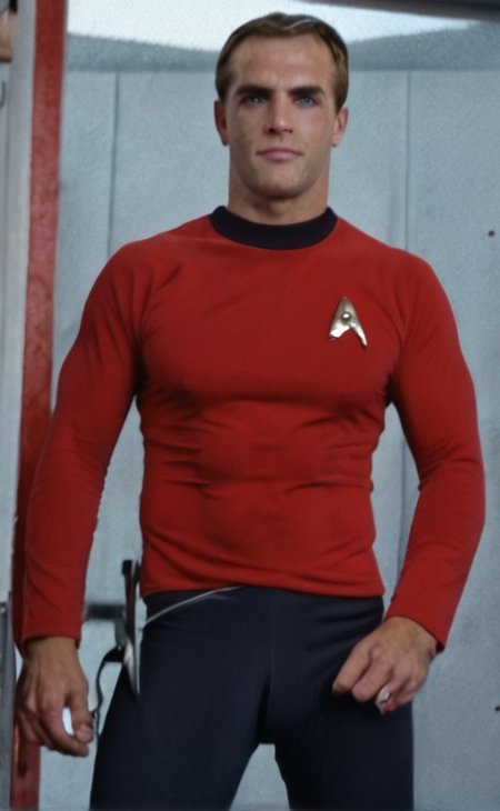 Handsome, masculine, blonde, star trek, red shirt, muscle,  tall, tight shirt, tight pants, bulgedleg_pants,
