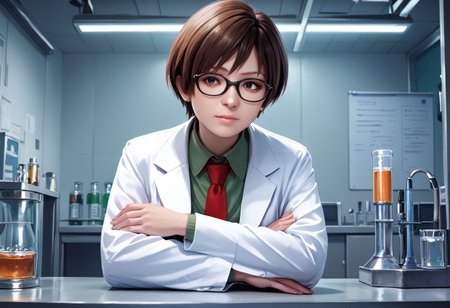 score_9, score_8_up, score_7_up, rebecca-chambers, resident evil, 1girl, glasses, labcoat, necktie, crossed arms, brown hair, short hair, solo focus, realistic, red necktie, solo, laboratory, beaker, potions