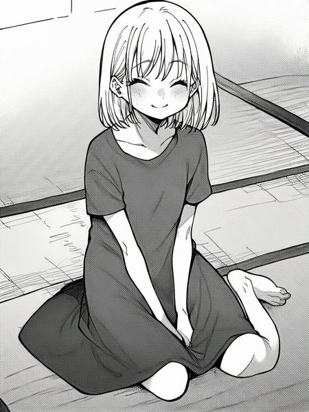 score_9, score_8_up, score_7_up,  
1girl, monochrome, aisu mia , medium hair, white hair, flat chest,


sitting, kneeling, seiza, t-shirt dress, long dress, grey t-shirt, short sleeves, barefoot, smile, closed eyes, looking at viewer, tatami,