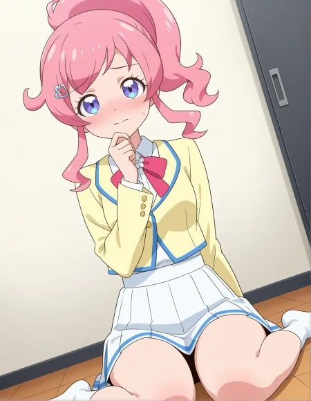 1girl, momoyama mirai, kiratto pri chan, 
solo, anime coloring, boredom, sitting, wariza, looking at viewer, cowboy shot, dutch angle, front view, full body, embarrassed, half-closed eyes, pink hair, long hair, high ponytail, swept bangs, sidelocks, hairpin, blue eyes, small breasts, yellow jacket, collared shirt, bowtie, red bow, pleated skirt, white skirt, school uniform, jacket, long sleeves, bow, closed mouth, breasts, furrowed brow, skirt, raised eyebrows, red bowtie, shirt tucked in, hand on own chin, blush, shirt,
best quality, very aesthetic, newest, masterpiece, absurdres, highres, anime screenshot, safe
 <lora:il-prichan-mirai1.0:1>