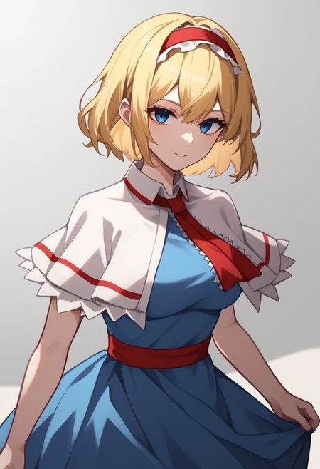 score_9,score_8_up,score_7_up,<lora:touhou_146:1>,alice_margatroid, blonde_hair, 1girl, hairband, blue_eyes, red_hairband, short_hair, dress, frills, capelet, blue_dress, white_capelet, frilled_hairband, breasts