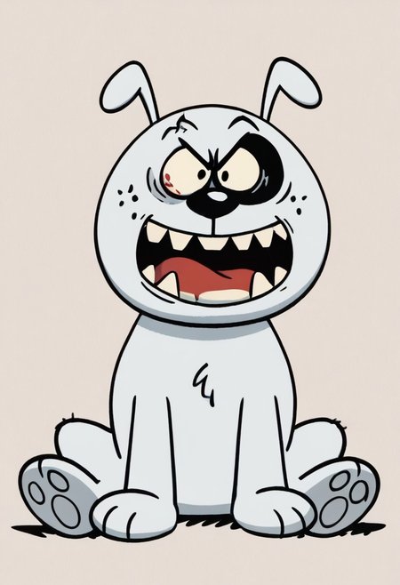 (score_9 | score_8_up | score_7_up) ((masterpiece:1))(best quality,very high quality,ultra detailed:1.2) (2D,cartoon style,anime style)(Smooth:2)(clean blurring) (four fingers on each hand,one thumb on each hand:1), solo, charles, dog, black spot on left eye, white, paw, dog paws, runaway brain, monstrous look, angry face, exagerated features, intense eyes, aggressie expression, hunched, menacing, sharp teeth, hunched over, full body