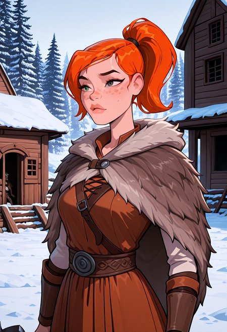 ((screencap, cartoon)) , masterpiece, best quality, amazing quality, very aesthetic, absurdres, newest,
ovgwen,  orange hair, 1girl,  freckles,, lips
ponytail, viking axe, cinematic shot, movie, 
inside viking house, viking village, ice, snow, viking clothes, wolf pelt, wolf head, wolf cloak, Wolf_pelt_pauldron