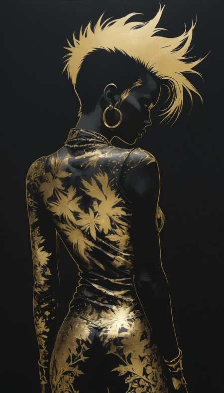 a beautiful punk woman, very detailed, silhouette with gold foil 
<lora:SDXLPaintSplash:0.2>