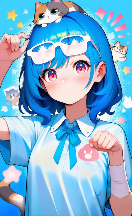 masterpiece, best quality, good quality, very aesthetic, absurdres, newest, 1girl, solo, blush, shirt, ribbon, blue_hair, upper_body, short_sleeves, collared_shirt, glasses, medium_hair, pink_eyes, star_\(symbol\), hands_up, blue_background, animal, blue_shirt, cat, blue_ribbon, animal_print, adjusting_eyewear, on_head, print_shirt, white_eyes, animal_on_head, too_many, white_cat, cat_print, white-framed_eyewear, cat_on_head, looking_at_viewer <lora:ponyv5_noobE11_1_adamW-000013:0.8> <lora:MeMaXL4:0.6>