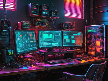 masterpiece, best quality,
 <lora:gits_style:0.6>,
gits95,
, no humans, cable, scenery, monitor, chair, computer, keyboard (computer), mouse (computer), wire, table,hologram,
 retro artstyle,cyberpunk ,neon,natural light,detail shadow
