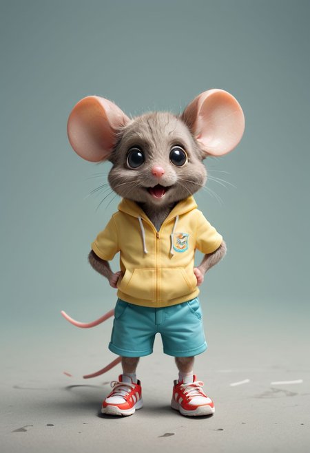 Cute little happy miniature chibi mouse with big comically bright eyes, wearing shorts and tennis shoes,