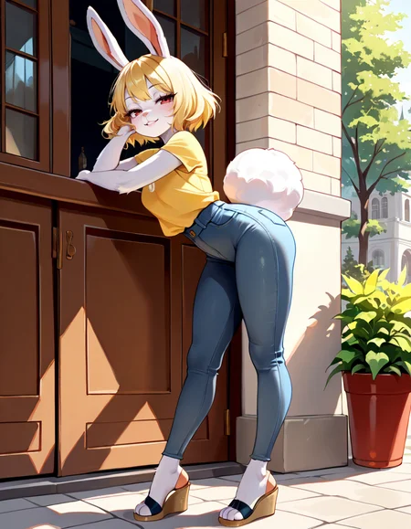 masterpiece, best quality, very aesthetic, absurdres,
outdoors,
full body, standing, casual, 
seductive smile, parted lips, long eyelashes,
 <lora:Carrot_v01_NAIXL-000011:1>
Ca3307,1girl,solo,furry,furry female,rabbit girl,short hair,blonde hair,rabbit ears,red eyes,animal nose,body fur,white fur,rabbit tail,