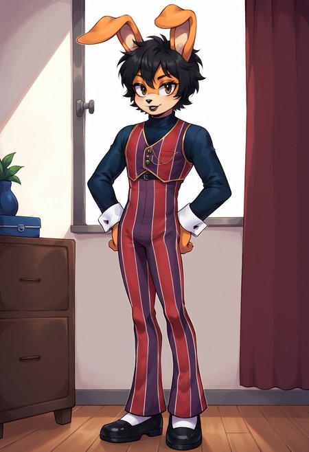 score_9, score_8_up, sonic \(series\), rating_safe,  anthro rabbit, rabbit ears, twink, femboy, fluffy hair, black hair, black lipstick, short hair, Emo bob, brown eyes, orange fur, <lora:Robbie_Rotten_outfit:0.8>, Robbie Rotten outfit, solo, long sleeves, striped, pants, vest, vertical stripes, pinstripe pattern, striped pants, black shoes, standing, wrist cuffs, indoors, bedroom