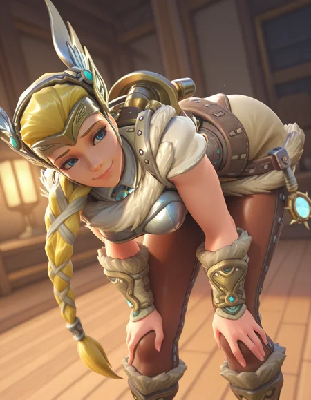 Masterpiece, high-res, 2k, best quality, 2.5d, 1girl, valkyrie mercy, mercy (overwatch) <lora:valk_mercy_illus-000043:1> Bent over hands on knees, Enchanted kaleidoscope chamber with shifting patterns and colors.