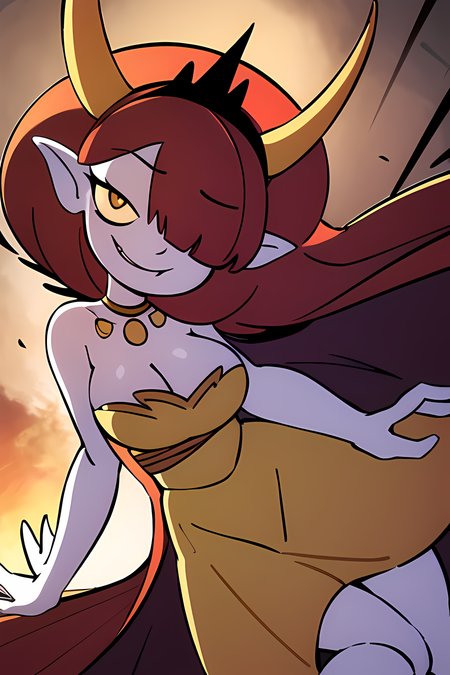 <lora:hekapoo_10:0.77><lora:cartoon_fanart_style:0.4> highres, highest quallity, illustration, cinematic light, ultra detailed, detailed face, (detailed eyes), best quality, hyper detailed, masterpiece, (detailed face), hekapoo, 1girl, cartoon fanart style, solo, horns, long hair, red hair, very long hair, dress, yellow dress, fire, strapless, scissors, hair over one eye, tiara, white background, simple background, fang, smile, weapon, pointy ears, strapless dress, full body, colored sclera, yellow sclera, (masterpiece, best quality:1.4)