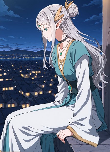 <lora:Merial_Eralith__The_Beginning_After_the_End__Illustrious:1>
1 girl, solo, elf, pointy ears, aqua eyes long hair, grey hair, ponytail, braid, single hair bun, 
dress, long sleeves, wide sleeves, hair ornament, circlet, jewelry, earrings, necklace, choker, head wings,
score_9, score_8_up, score_7_up, score_6_up, source_anime, masterpiece, best quality, absurdres, highres, newest, anime coloring <break>  1girl, solo, sitting, on wall, from side, town, night sky, cloud