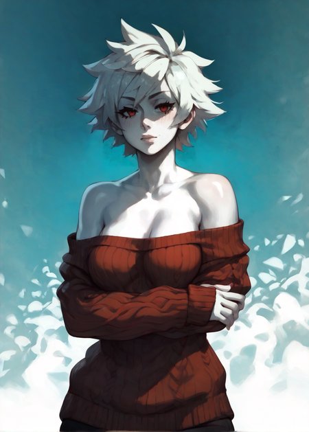 white skins, spiky red short tomboy hair, neutral expression, tight sweater, <lora:NAHIRI:1> nahiri, 1girl, solo, short hair, breasts, bare shoulders, white hair, colored skin,  <lora:RD-MAnon-XLV1.1:1>  female,, source_anime, score_9_up,  score_7_up, score_8_up