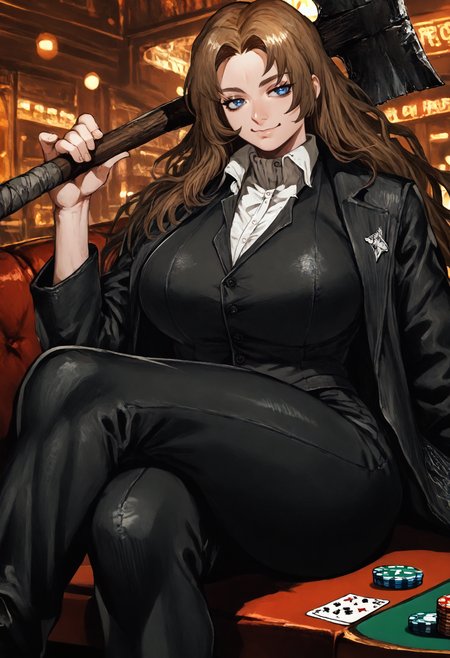 score_9, score_8_up, score_7_up BREAK 1girl, solo, RodionLimbus, long hair, brown hair, blue eyes, toned, huge breasts, RodionSinner, white shirt, black footwear, black pants, black coat, black vest, axe, sitting, crossed legs, casino, smug, smile <lora:Rodion_Limbus_Company:0.9> <lora:ibuo_pd:1>