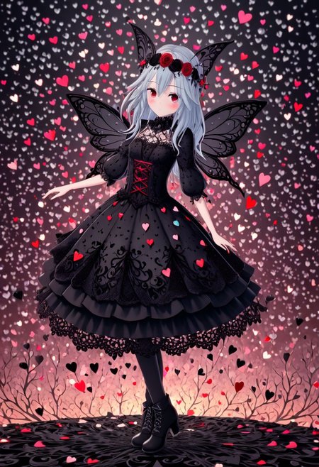 beautiful hyper detailed whimsical, beautiful dark fairy, shadow woman, black lace dress, black boots, dark  Whimsical, Detailed Fantasy, black lace Background pattern with tiny  3d red and pink hearts, Glitter, Muted Colors, Explosion, Intricate Extremely Detailed, Hyperdetailed