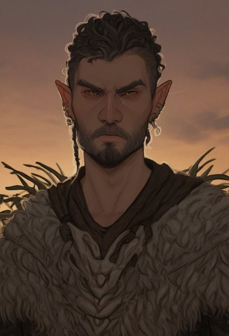 solo, short pointy ears, piercings, random elf face, aquiline features, male dark elf, masculine, facial hair, brow rings, beaded piercings, weathered skin, chiseled features, large nose, insect chitin armor, insect chitin helmet, insect chitin ornaments, stylized insect pattern, athletic build,  animated realism, zoomed out, Syrian features, torso, yurts, elegant berber tapestries, dead trees, ashy soil, grey green foliage, distant grey hills, sunrise, gloomy lighting, grey fabric awnings, dark wood posts, light dust clouds, grey-blue skin, mahogany and ivory clothes, medium armor, bone plate armor, ivory straps and fittings, alien bone ornaments, grey wood neckguard, red sclera, black pupils, blue-green light, neon, highly detailed, defined features, looking at viewer, three quarters view, from below, dynamic lighting, 29 years old, light and shadows, patterned cloth, annoyed expression, expressive eyes, detailed medieval clothes, short hair, wavy hair, thick hair, beaded hair, braided hair, under cut hair, semirealistic, alien elf, spanish features, jewish features, white grey hair, dark red hair, umber skin, sharp features, pastel green inuit print cloak, nighttime, high detail, absurdres, pretty eyes, detailed eyes, yellow eyes,