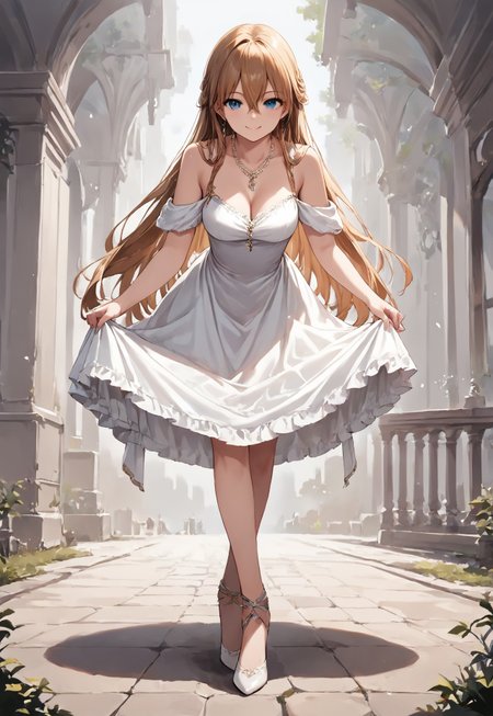 1girl, solo, looking at viewer, skirt hold bowing, leaning forward, source_anime, cowboy shot, crossed legs, dress, stand up, alone, looking at pendulum, detailed background, masterpiece, high res image, dynamic pose, full body, ultra-detailed, best quality, beautiful and detailed illustration, (nature:0.9), smile, hair between eyes, long hair, score_9, score_8_up, score_7_up, score_6_up, score_5_up, score_4_up, solo, concept art, jewelry, 8K, necklace, evening dress