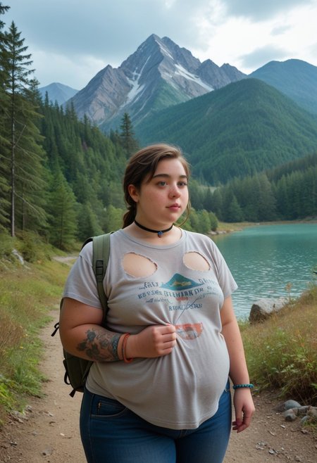 score_9, score_8_up, score_7_up, andrea, 1girl, arm tattoo, freckles, (loose t shirt), oversized shirt, jeans, hiking backpack, choker, (bottom-heavy, big girl, fat, chubby, fat arms:1.5), bracelet, small natural breasts, bra, forest, hiking trail, light fog, lake, mountain, cabin, dirty shirt, ripped shirt