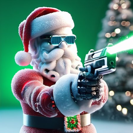 a robot santa claus holding a gun and shooting a laser at a person in a suit with a red hat,  green background, SnowStyle, <lora:SDXLFestiveSnow:0.8>
