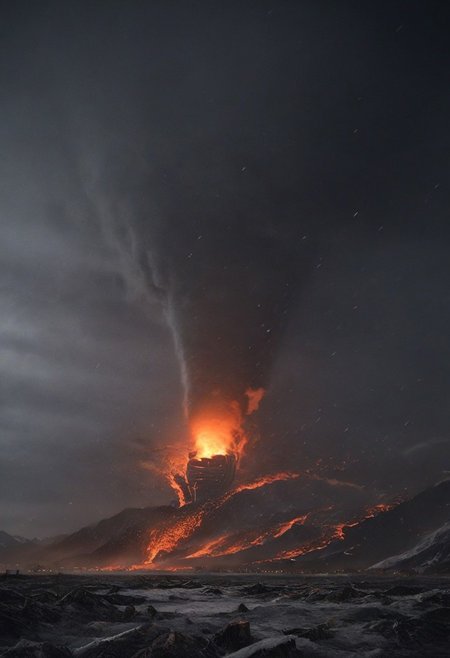 A highly detailed and dramatic rare photo shot of a ((Tornado)) with a winter mountain background, swirling tornado engulfed with flames and lava form flow, city destruction, 8k sharp focus, micro unreal engine 5 effects, photorealistic fantasy