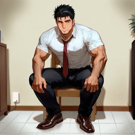 <lora:Sket_Dance__Agatha_Soujirou_-000009:.7>, sojirokun, black hair, short hair, black eyes, hairy face, white shirt, short sleeves, blazer, red tie, black pants, shoes
(very short hair, beard, bara, mature, facial hair, stubble, beard, full beard, sideburn, beard, a lot of beard, ), facial hair,male focus, muscular male, muscular male, bara, mature,  bara, mature, aixiwuganda_(20222192), very awa, masterpiece, best quality, absurdres, newest, perfect quality, detailed background, intricate details,
<lora:slider_Body Type_alpha1.0_rank4_noxattn_last:3><lora:style_Anime Summer Days 2 Style SDXL_LoRA_Pony Diffusion V6 XL:.6><lora:slider_cfg_scale_boost:.7><lora:face_Artist6p-10:.55>, Artist6p, Artist04p,<lora:slider_il_brightness_slider_d1:-1><lora:slider_il_contrast_slider_d1:-1><lora:slider_DarkSlider1.2_alpha1.0_rank16_full_300steps:-.6>