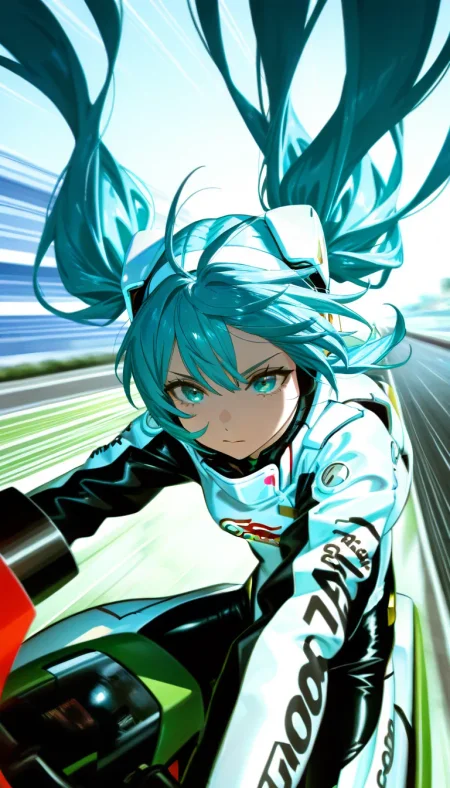 (masterpiece, best quality), amazing quality, very aesthetic, absurdres, highres, ultra detailed, best anatomy, 2024, newest, HDR, 8K, high detail RAW color art, high contrast, large pupil, eyelashes, shiny skin, detailed background, anime-reference, anime coloring,
1girl, racing miku, aqua eyes, aqua hair, closed mouth, upper body, racing helmet, straddling a racing bike, racing circuit, floating hair, driving, forward-bent posture, speed lines, emphasis lines, blurry, foreshortening, (perspective, dutch angle:1.2), <lora:Pony People's Works_noob:0.2>, <lora:薄塗り:0.8>, <lora:spo_sdxl_10ep_4k:0.8>, <lora:MeMaXL4:0.8>