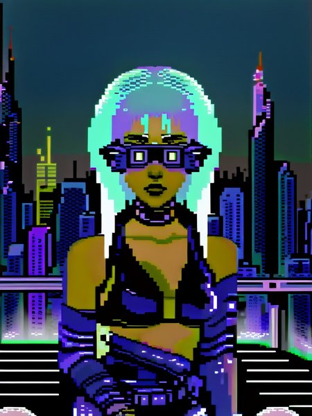 cyberpunk girl with cyan hair,dark futuristic city in the background,64gr4ph1cs style, pixel art,8-bit <lora:C64XL-000005:1.0>