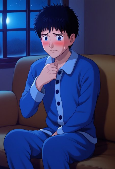 18yo American boy wearing blue pajamas, ghibli, embarrassed, worried,
short dark hair. looking at side,
Dynamic varying pose. Night time,  
Night time, dark, living room,
realistic hands,
NEOST,sitting on couch