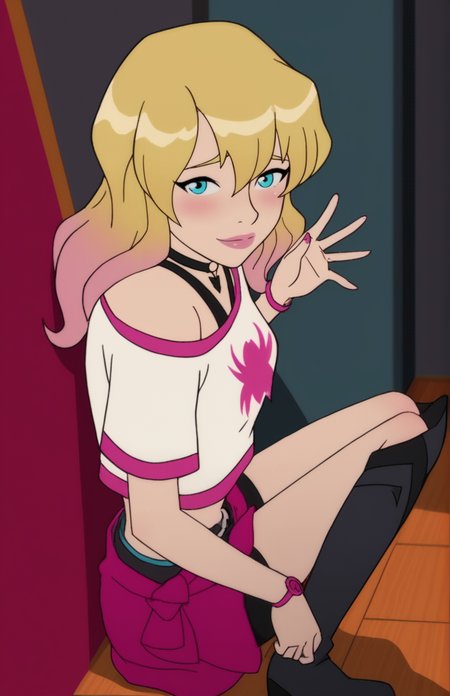 zPDXL3, source_anime, 1girl, solo, implied, source cartoon, cute, sexy, flirting, teasing, back against wall, bedroom eyes, looking at viewer, blush, front view, pov, size difference,
gwen_stacy, blonde hair, blue eyes, multicolored hair, long hair, midriff, off shoulder, boots
 <lora:hand 5.5:0.8>   <lora:Gwen_Stacy_-_Marvel_Rising:0.9>