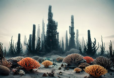 RAW photo, high quality SK_ANALOGFILM of a huge <lora:3D_Underwater:0.8> Und3rw4t3r Sc3n3, corals, fish, water, marine creatures,<lora:Glass_2_LoRA:0.5>, <lora:HDRv1:0.9>, <lora:Neon_Cyberpunk_Cyberbody_v2_SDXL:0.5> mad-cbrbdy vast city with foggy,swirling fire tornado,<lora:T-800:0.5> robot, (t-800), in <lora:Clean_Minimalist:0.4> minimalistic, flat color, no lineart, silhouette, simple bright background, featuring black and orange,grey and red