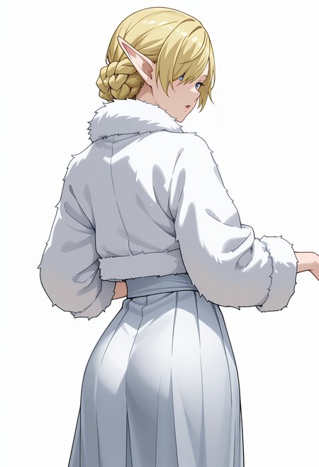 Smooth Quality,masterpiece,very intricate, high quality details, ultra realistic, high detailed skin,detailed enviorement,absurdres, 
simple background, white background, 
from behind,dancing,
:o,solo, 
 <lora:Kagali_cnn:0.8> 1girl, short hair, blonde hair, blue eyes, pointy ears, braid, hair over one eye, elf,kimono,  ,fur coat, ,sheer skirt,  ,