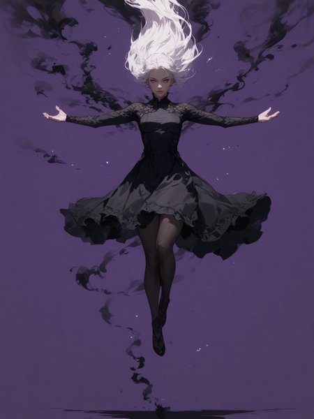 score_9, score_8_up, score_7_up,
illustration-style is fantasy, digital art.
2.5d,
1 beautiful woman, solo focus,
white hair.
wearing a black dress,
(floating, Zero gravity), curl up body, spread arms.
multiple black smoke around woman,
simple purple background, shadow on black floor.
purple and black color grading.
shoot form front, full body,
<lora:Style-Hyper-SDXL-12steps-CFG-lora:0.5>
<lora:add_brightness_XL:0.>
<lora:add_contrast_XL:0.>
<lora:add_outline_XL:0.1>
<lora:add_saturation_XL:0.> 
<lora:Kunaboto_Style_LoRA__PonyXL:0.5> kunaboto 
<lora:Sinozick_Style_XL_Pony:0.5> sinozick style, dark theme