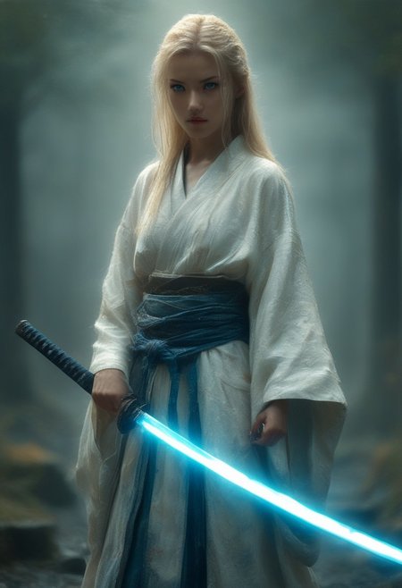 score_9, score_8_up, score_7_up, score_6_up, woman, pale skin, shoulder length hair, straight blonde hair, blue eyes, thin lips, slender, athletic, thick thighs, holds a katana in his left hand, ripped white kimono, graveyard background, night time, cinematic lighting, highly detailed background, high quality photography, masterpiece, high resolution, cinematic photo, DarkAtmosCE