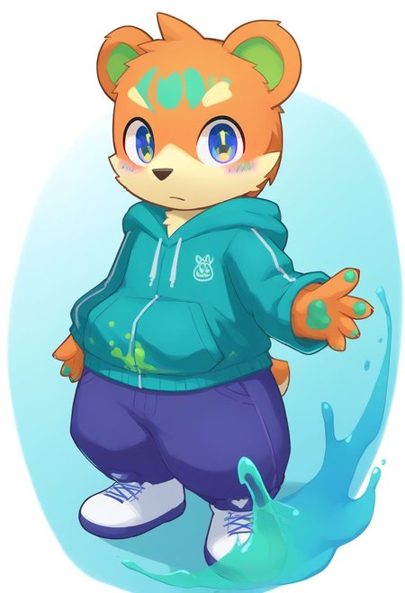 score_9, score_8_up, male, solo, full body, digital art, highly detailed, <lora:CuteMixPDv4:1>, zPDXL2, zPDXLpg, zPDXL, bear, green shirt, big eyes, large pupil, look at viewer, furry, kemono, cute, anthro, zavy-splsh, paint splash, green paint splash