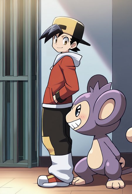 masterpiece, best quality,,detailed_background,indoors,highres,tail,1boy,goggles,yellow eyes,pokemon \(creature\),full body,male focus,black hair,aipom,ethan \(pokemon\),pokemon,nintendo,creatures \(company\),game freak,smile,pokemon adventures,gen 2 pokemon,hat,blush