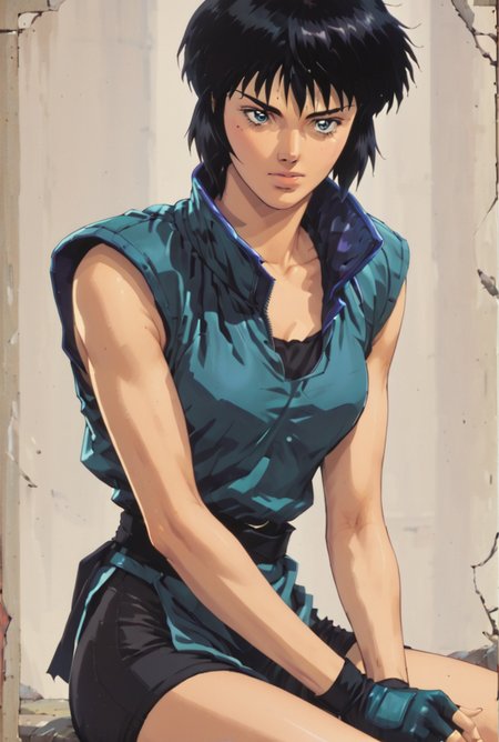 score_9, score_8_up, score_7_up,score_6_up, score_5_up, score_4_up, BREAK  <lora:gits95environment:0.8>,
gits95, , solo, gloves, fingerless gloves, 1girl, short hair, black hair, sitting, retro artstyle
