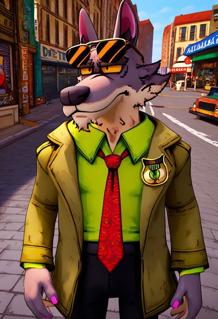 score_9_up, score_8_up, score_7_up, masterpiece, best quality, amazing quality, very aesthetic, absurdres, newest,  high quality, detailed, male, solo male, DaleDonovan, 1boy, mature male, male, anthro, wolf, broad shoulders, scruffy, gray fur, light tan underbelly, black eyes, yellow sclera, thick eyebrows, animal ears, green collared shirt, red tie, tan jacket, detective, sunglasses on forehead, black pants, half body, outdoors, looking at viewer, on the street, city, on sidewalk, gun in hand, focused, stern face
