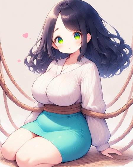 score_9, score_8_up, score_7_up, score_6_up, source_anime, ah1, 1girl, (curly hair:1.3), long hair, (black hair), mature female, (parted hair), (round face), (no_bangs:1.8), (no_fringe:1.8), looking at viewer, (thick eyebrows), (curvy, plump), round-chin, (dark olive green eyes), caucasian, down-turned eyes, <lora:ETO_OCPonyXL:0.5> eto_oc, skindentation, thick thighs, wide hips, short girl, busty, voluptuous, forehead, (sitting_on_person), (brandeis blue mustard pencil skirt, striped blouse, mustard heels), (in rope bridge), (raised eyebrow), (Half-Up Half-Down Curly Hairstyle),