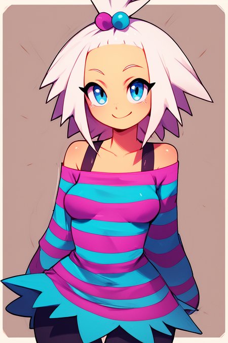 score_9, score_8_up, score_8, medium breasts, (curvy), cute, eyelashes,       BREAK, , zzRoxie, blue eyes, white hair, hair bobbles, topknot, striped dress, <lora:Roxie_Pokemon_PDXL_Citron:0.8>, , BREAK, wide hips, smile, looking at viewer, cowboy shot, embedding:zPDXL, Expressiveh, <lora:SweetCAT_PDXL:1.0>,  <lora:SDXLFaeTastic2400:0.5>,  <lora:Expressive_H-000001:0.4>,