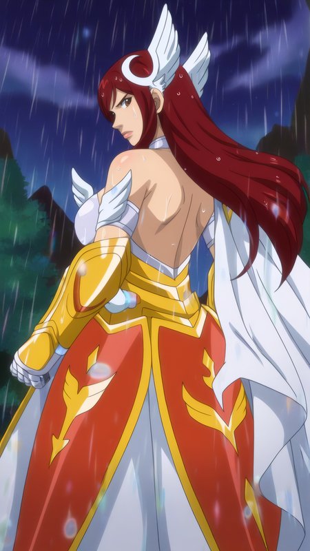 masterpiece, best quality, very aesthetic, absurdres, BREAK, 1girl, looking back, cowboy shot, from behind, shoulder blades, 
<lora:Fantasia_Erza_Illu_Dwnsty:0.9>, erz_fantasia, brown eyes, red hair, long hair, armored dress, breast plate, bare shoulders, wings, gloves, wing hair ornament, head wings, gauntlets,
large breasts, lips, serious, annoyed, walking, wet skin, water drop, night sky, 
outdoors, rain, storm, cloudy sky, mountain, clif, pathway forest, landscape, dark,