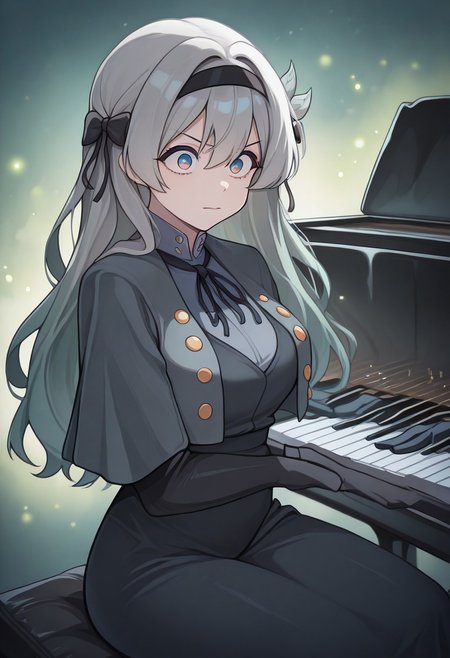masterpiece, best quality, amazing quality, very aesthetic, absurdres, newest,  amazing detail, intricate detail, firefly, jepella, grand piano, sitting, playing piano
