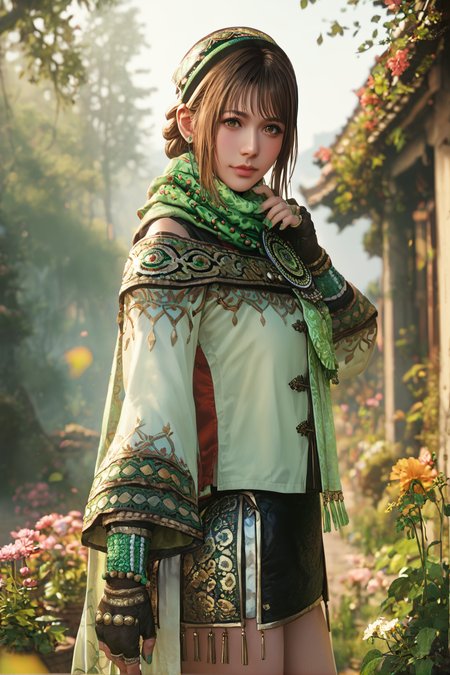 score_9, score_8_up, score_7_up, source_anime, Standing, pretending to smell a big flower, <lora:Bao_Sanniang_Dynasty_Warriors:0.7> 1girl, solo, brown hair, brown eyes, fingerless gloves, skirt, jewelry, scarf, green nails, looking at viewer