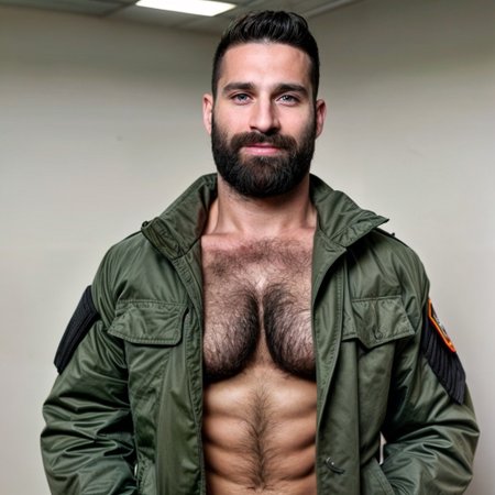 ahirsute, solo, military barracks, looking at viewer, short hair, blue eyes, shirt, black hair, 40 years old man, soldier, bare chest, uniform, upper body, male focus, open jacket, camo jacket, open uniform, muscular, facial hair,  abs, undressing, pectorals, muscular male, bara, beard, large pectorals, mature male, realistic, buzz cut, bare pectorals, chest hair, pectoral cleavage, innuendo, smirk, seductive, arm hair, hairy