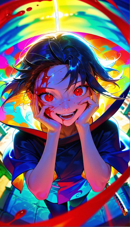masterpiece, best quality, amazing quality, very aesthetic, absurdres,  newest, scenery,  1girl, uchiha, teeth, open mouth, blood on face, smile, black hair,  crazy eyes, holding katana, hand on own cheek, upper body, Akatsuki Cloak backlighting, from above, dutch angle, , close-up, photorealistic, dutch angle, (colorful), from above, crows,fisheye, , masterpiece, best quality, amazing quality, very aesthetic, absurdres,  newest, scenery, volumetric lighting