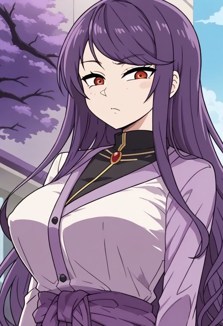 1girl, gundou mirei, red eyes, long hair, virtual youtuber, swept bangs, purple hair, parted bangs, <lora:pony_char_gundou_mirei-000030:1>  ,,,,,, anime coloring, anime screencap, 1girl,Solo ,, anime,PUFFY nipple,huge breasts,,official art, Uncensored ,Unedited ,,,, , ,,,